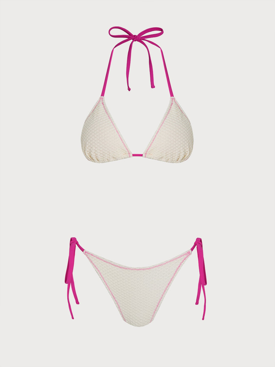 White Contrast Ruched Bikini Set