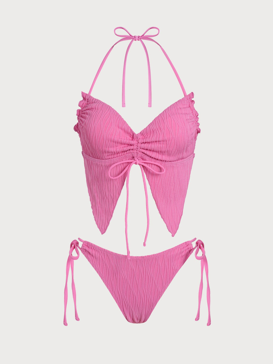 Pink Striped Ruffle Slit Tankini Set