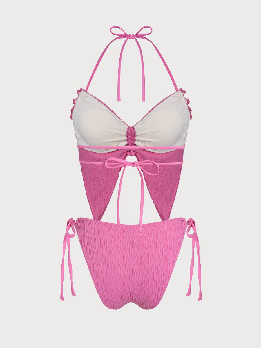 Pink Striped Ruffle Slit Tankini Set