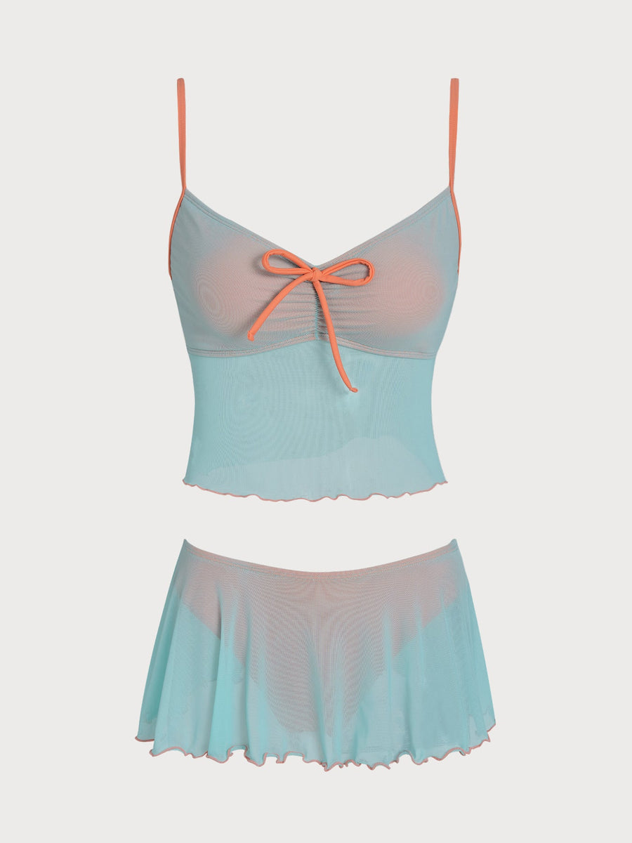Green Contrast Sheer Skirt Tankini Set
