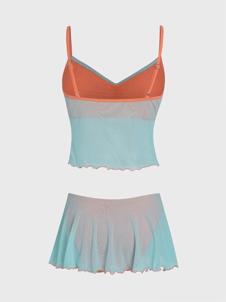 Green Contrast Sheer Skirt Tankini Set