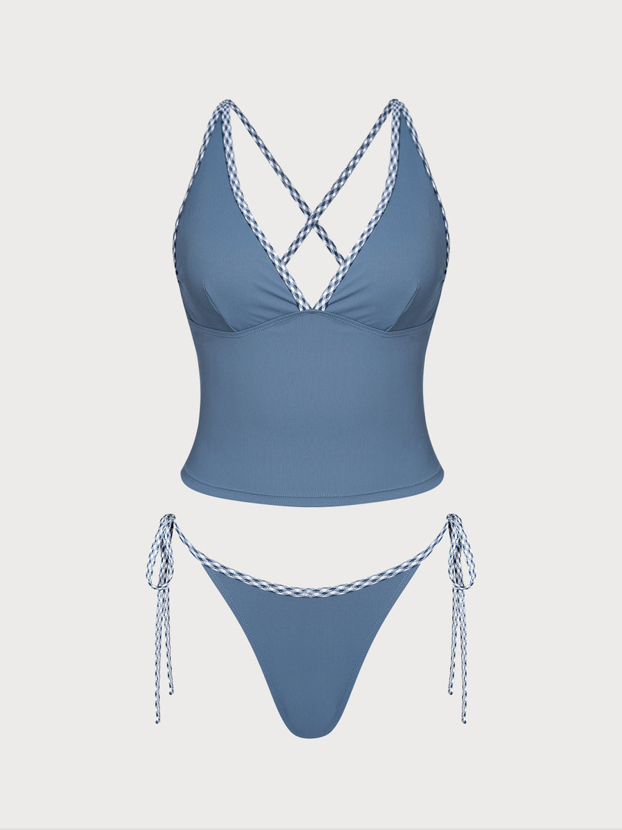 Dusty Blue Contrast Gingham Trim Tankini Set