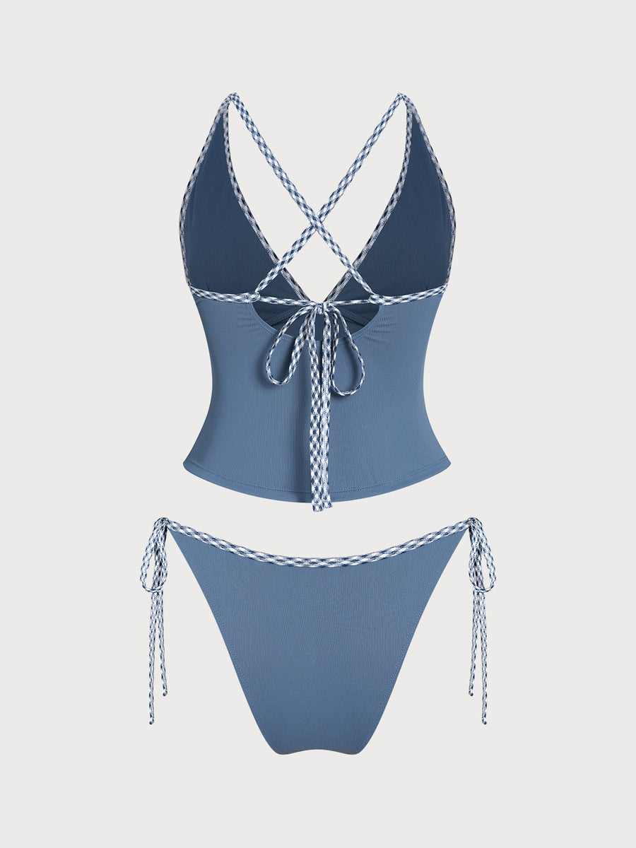 Dusty Blue Contrast Gingham Trim Tankini Set