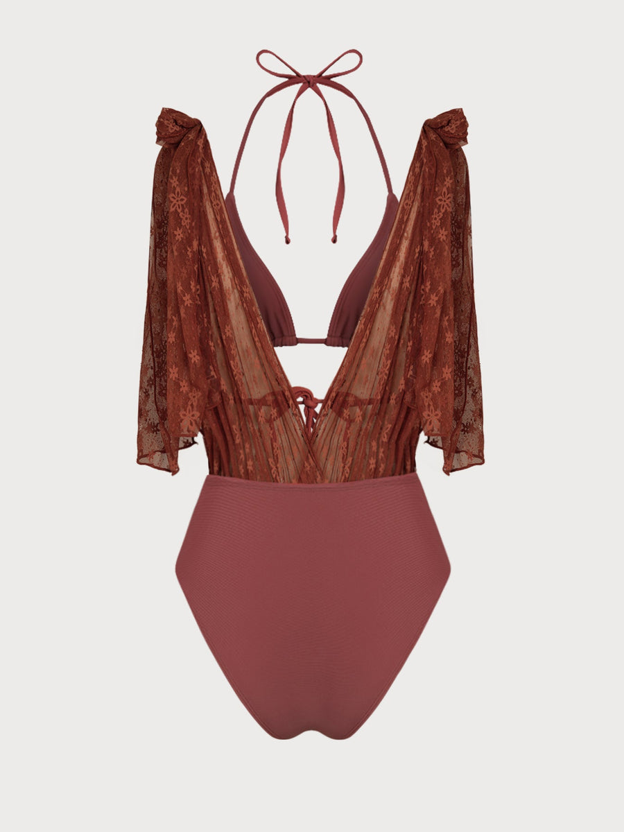 Brown Lace Floral Cutout Bikini Set