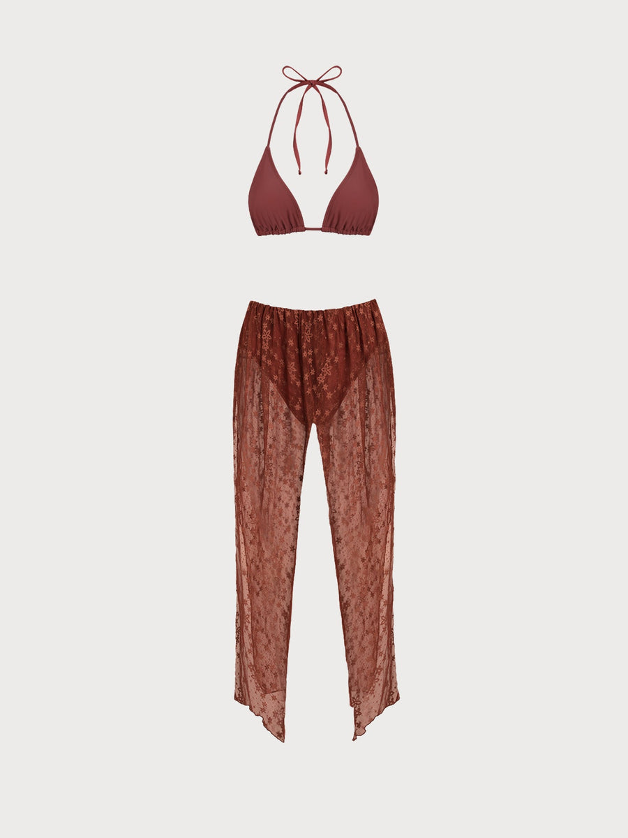 Brown Lace Floral Cutout Bikini Set