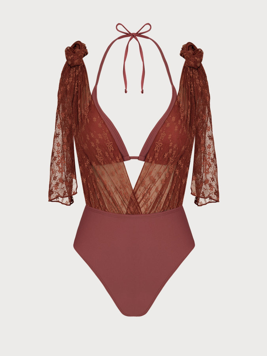 Brown Lace Floral Cutout Bikini Set