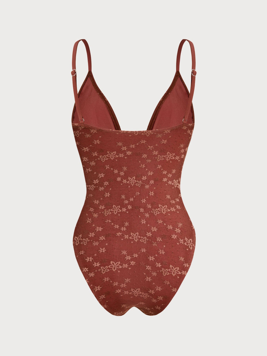 Red Mesh Beaded One-Piece Swimsuit
