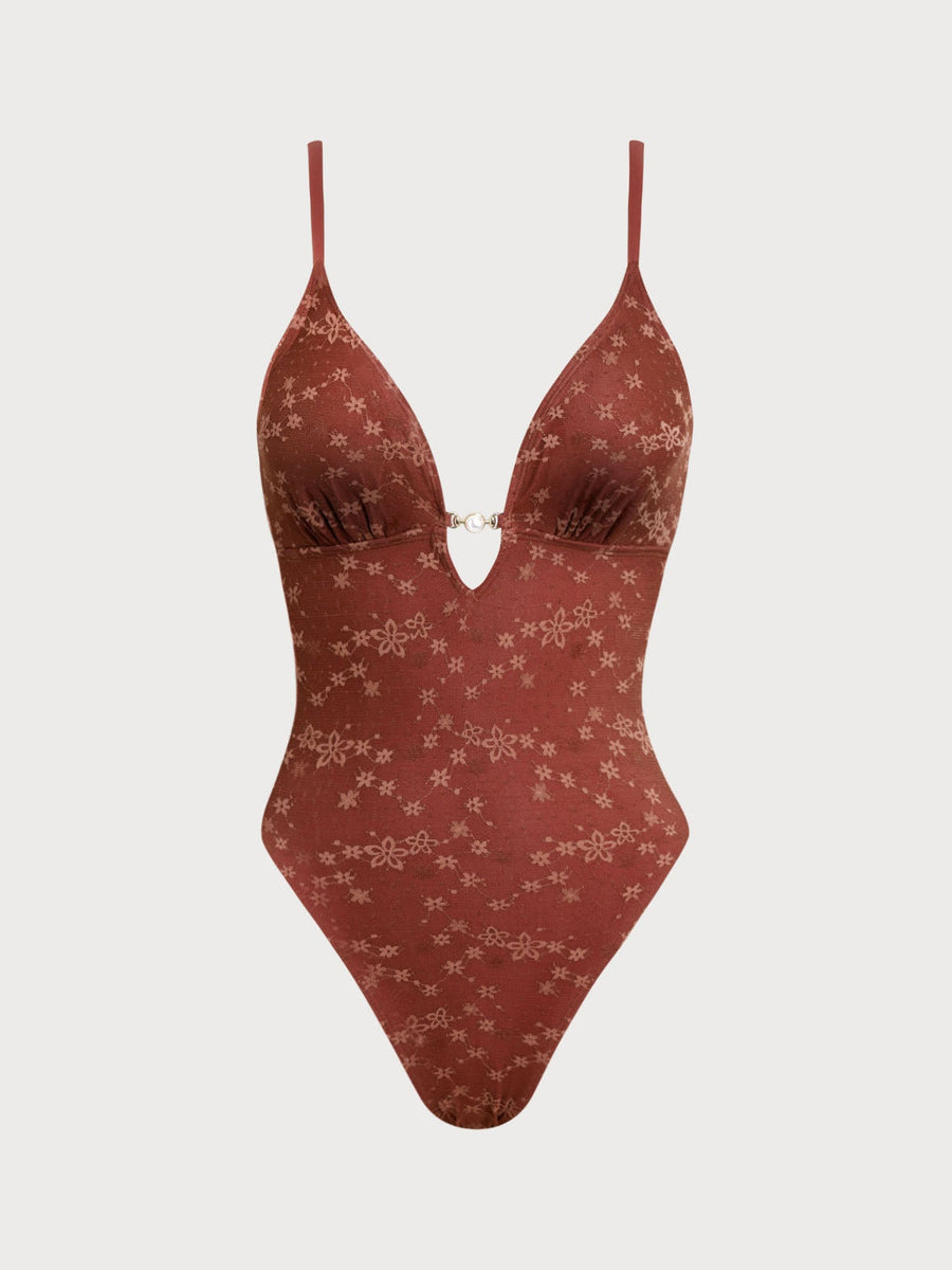 Red Mesh Beaded One-Piece Swimsuit