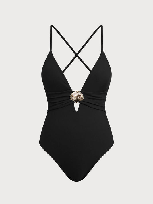 Black Crossover V-Neck One-Piece Swimsuit