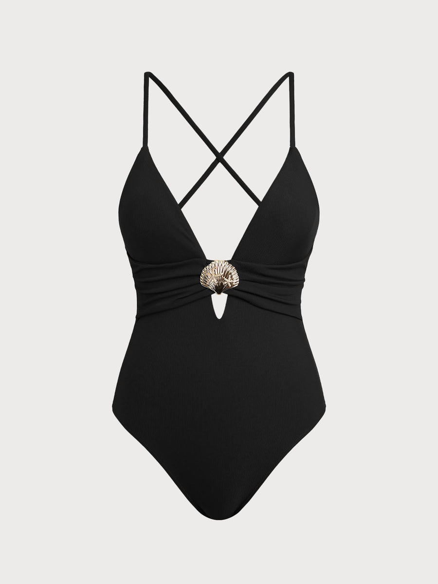 Black Crossover V-Neck One-Piece Swimsuit