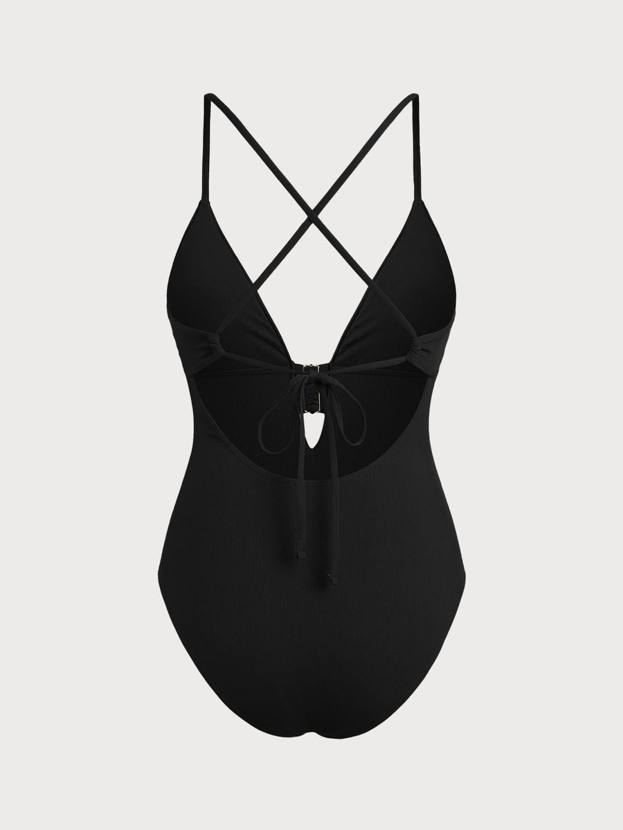 Black Crossover V-Neck One-Piece Swimsuit