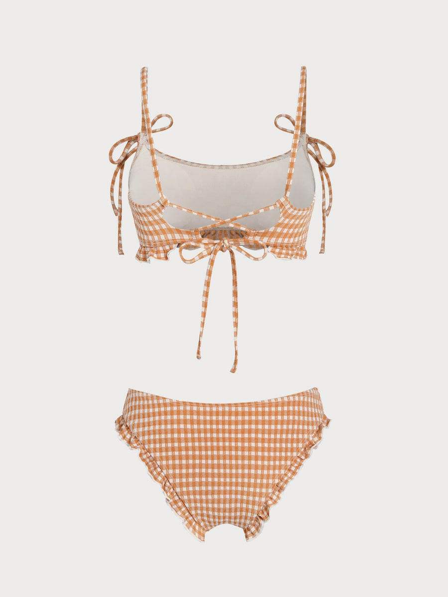 Orange Bandeau Plaid Ruffle Bikini Set