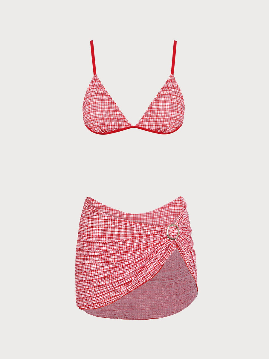 Red Plaid Bikini Three-Piece Set