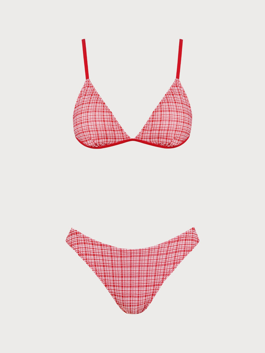 Red Plaid Bikini Three-Piece Set