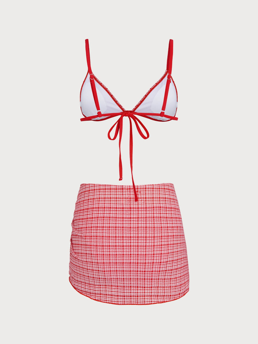 Red Plaid Bikini Three-Piece Set