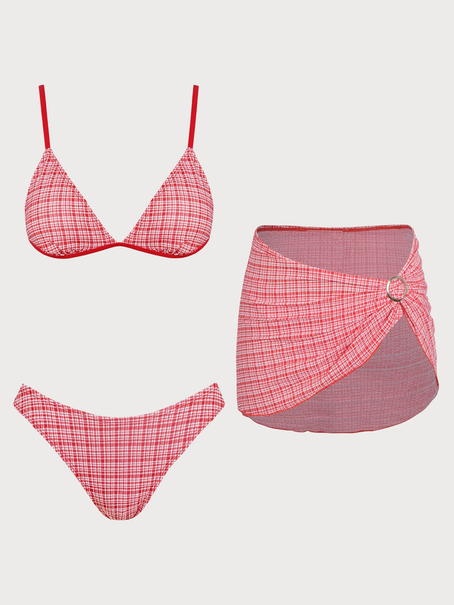 Red Plaid Bikini Three-Piece Set