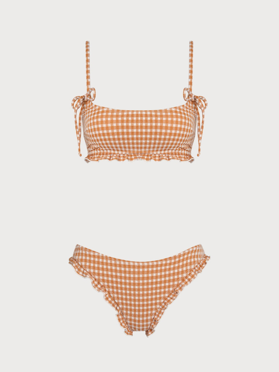 Orange Bandeau Plaid Ruffle Bikini Set