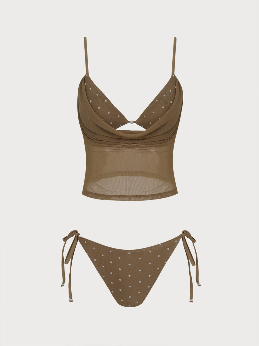 Coffee Polka Dot Fake Two-Piece Tankini Set