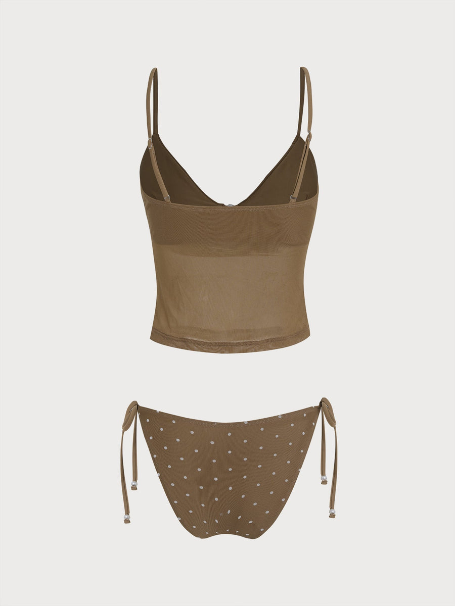 Coffee Polka Dot Fake Two-Piece Tankini Set