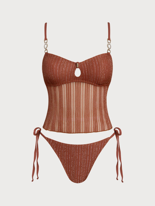 Brick Red O-Ring Lurex Tankini Set