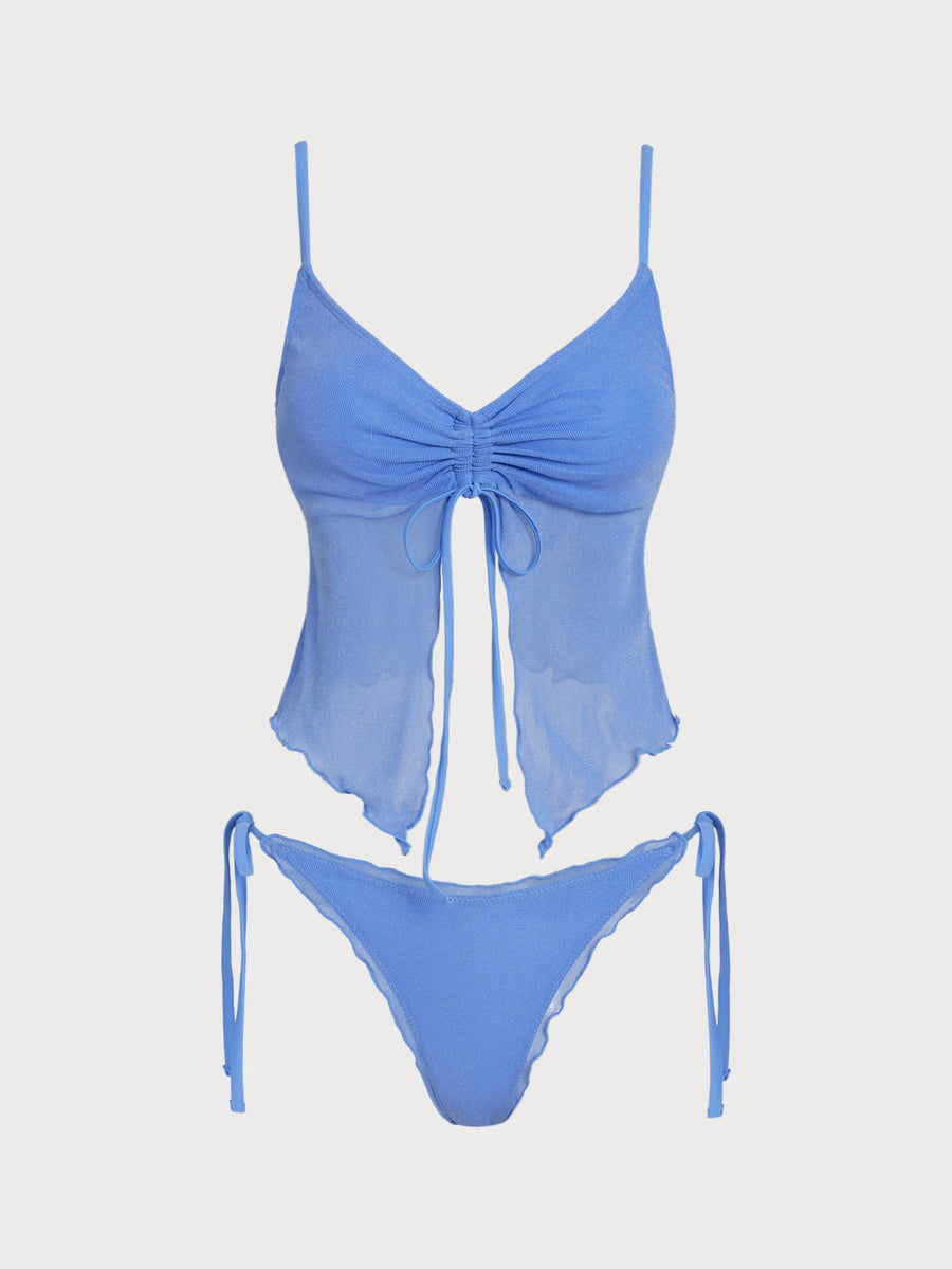 Blue Lurex Wave Cut Tankini Set