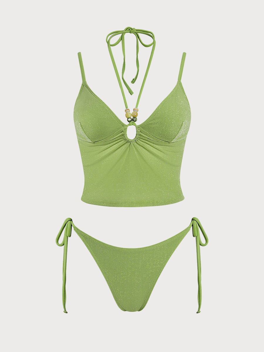 Green O-Ring Beaded Silver Thread Tankini Set
