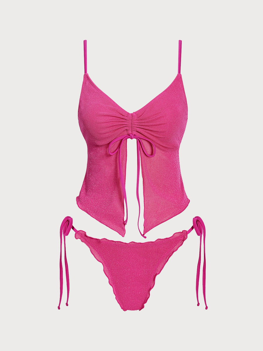 Rose Red Lurex Wave Cut Tankini Set