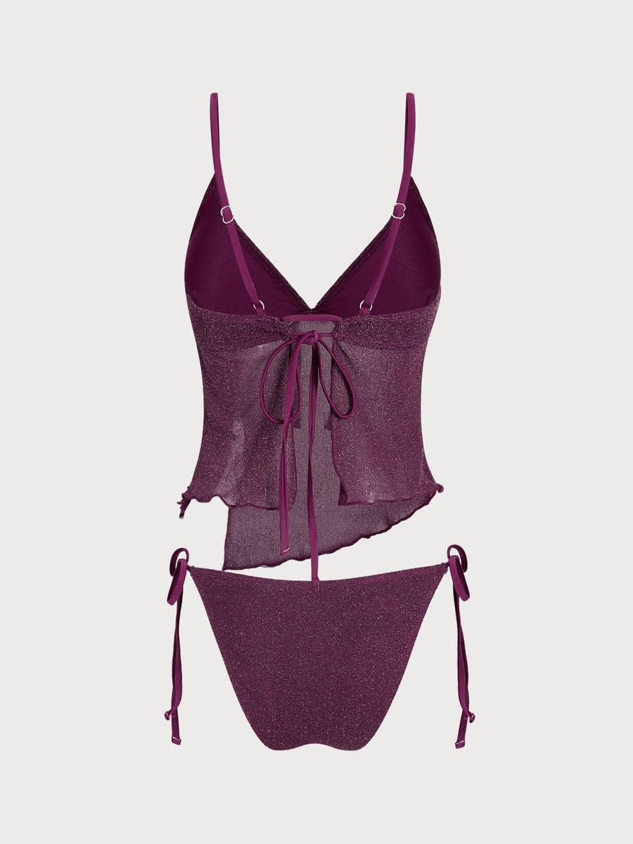 Wine Red Sparkly Sheer Mesh Tankini Set
