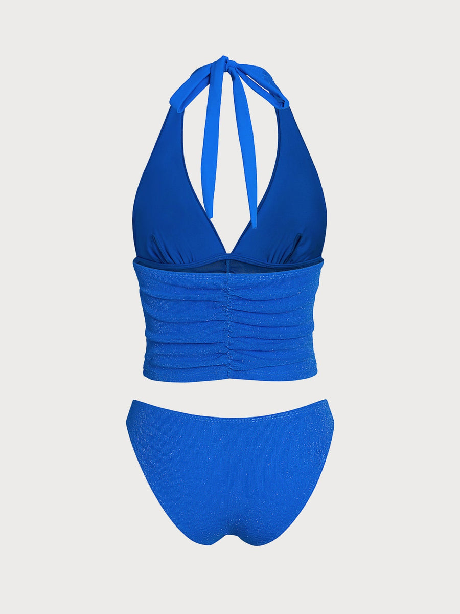 Blue Sparkly Ruched Sheer Tankini Set