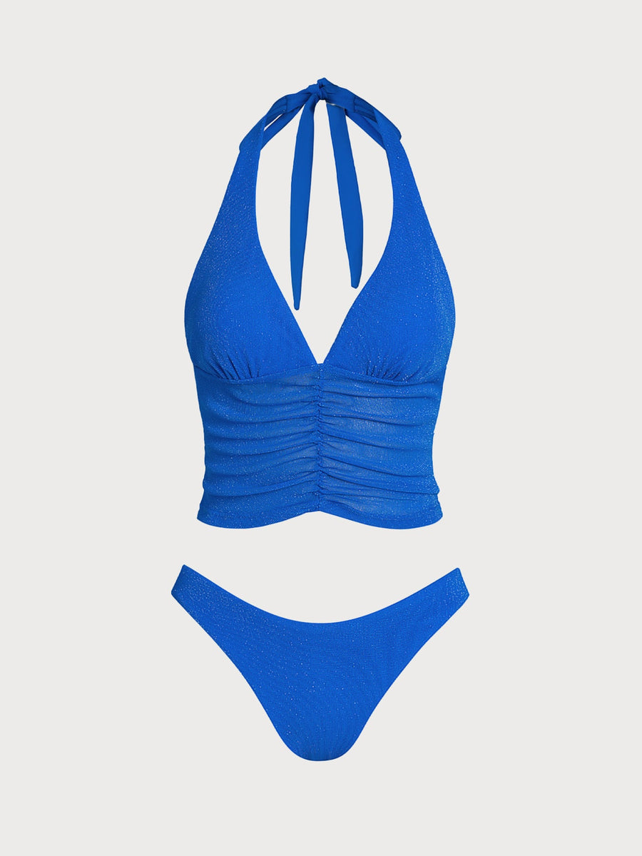 Blue Sparkly Ruched Sheer Tankini Set