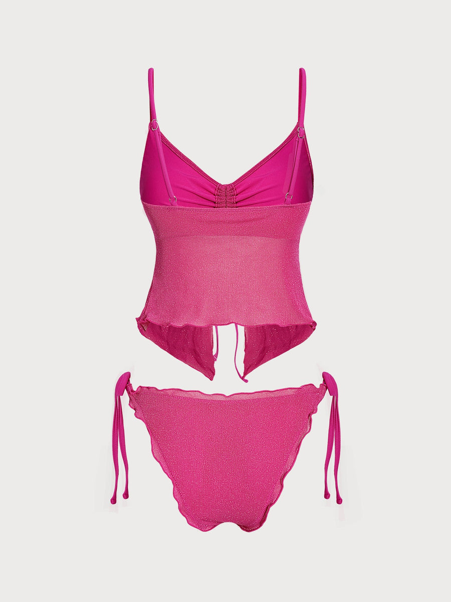Rose Red Lurex Wave Cut Tankini Set