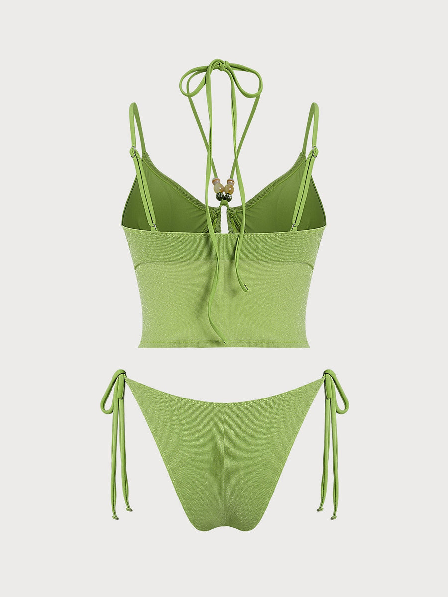 Green O-Ring Beaded Silver Thread Tankini Set