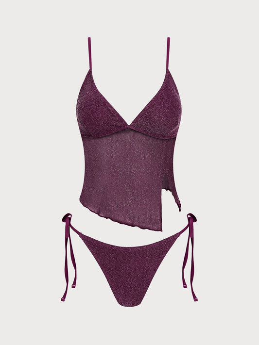 Wine Red Sparkly Sheer Mesh Tankini Set