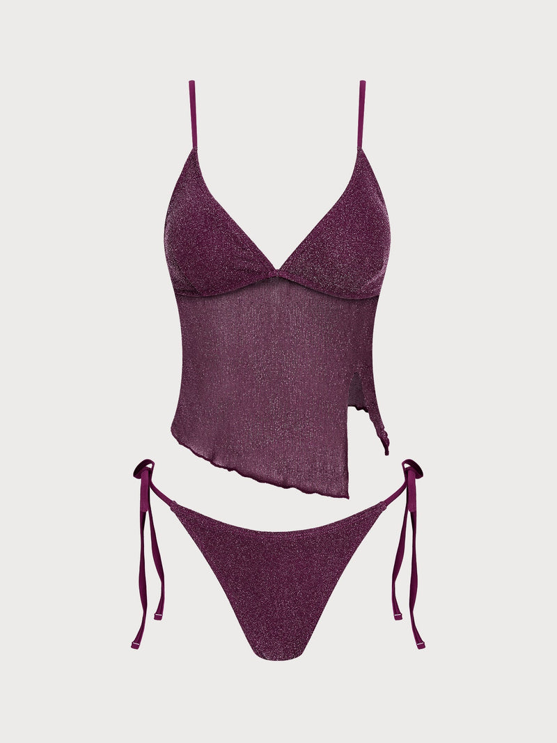 Wine Red Sparkly Sheer Mesh Tankini Set