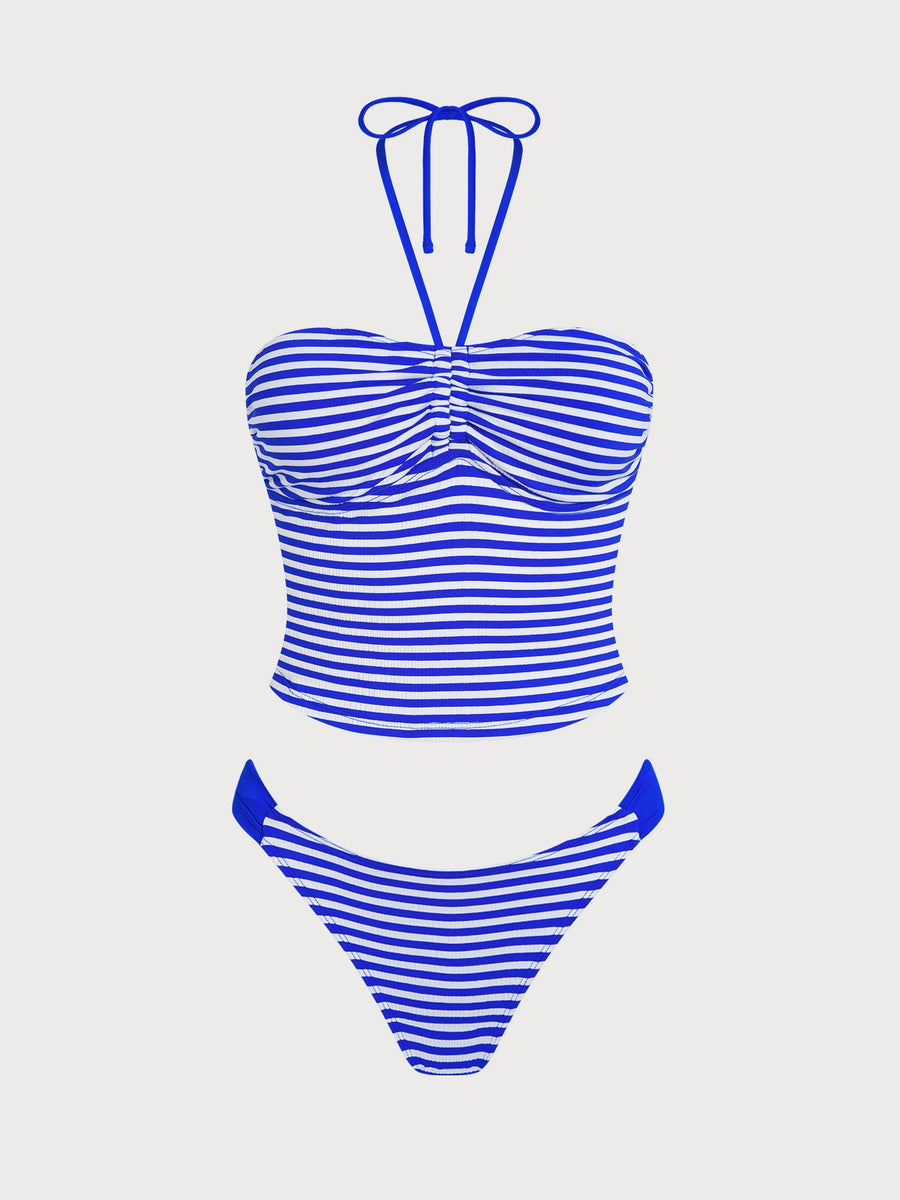 Blue Striped Contrast Retro Nautical Tankini Set