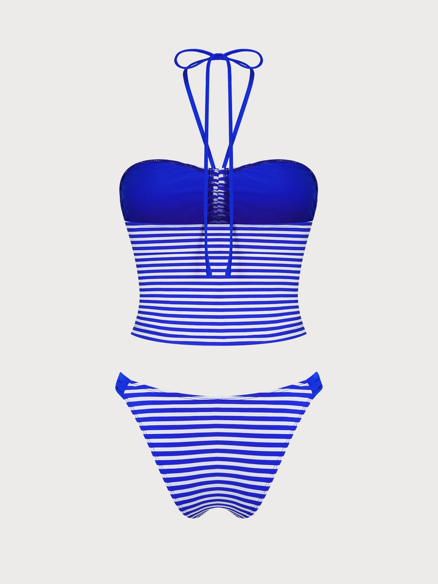 Blue Striped Contrast Retro Nautical Tankini Set