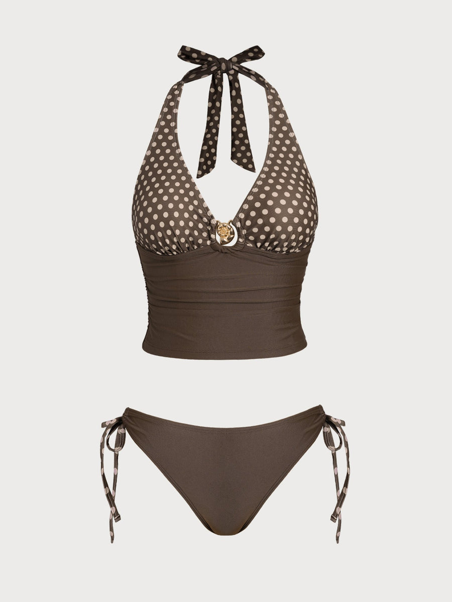 Brown Polka Dot Shell Tankini Set