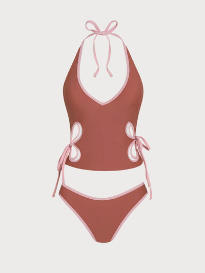 Brick Red Cut-out Contrast Tankini Set