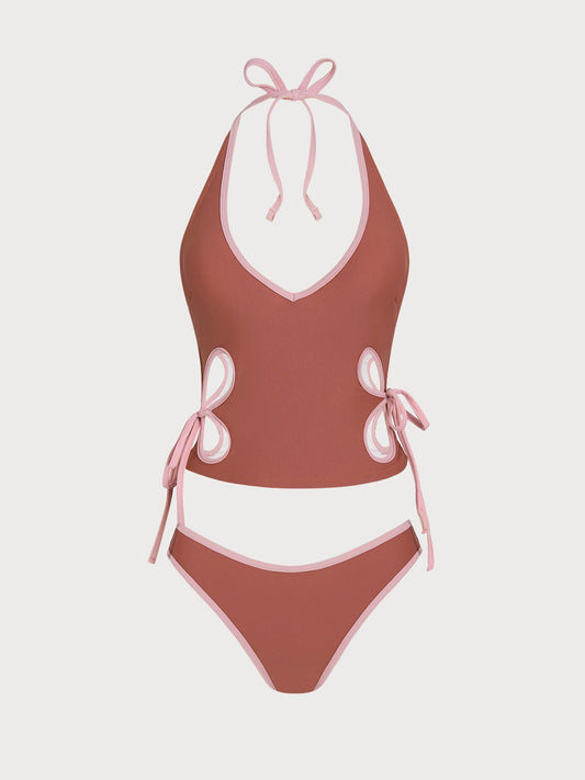 Brick Red Cut-out Contrast Tankini Set
