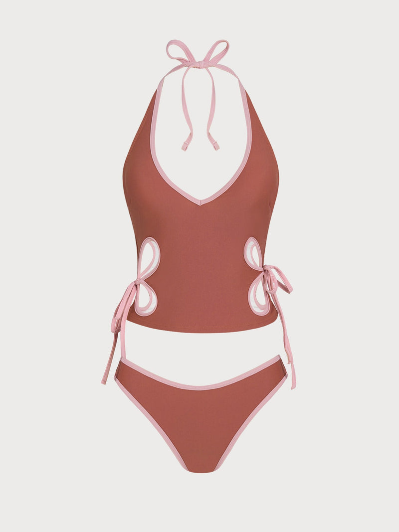 Brick Red Cut-out Contrast Tankini Set