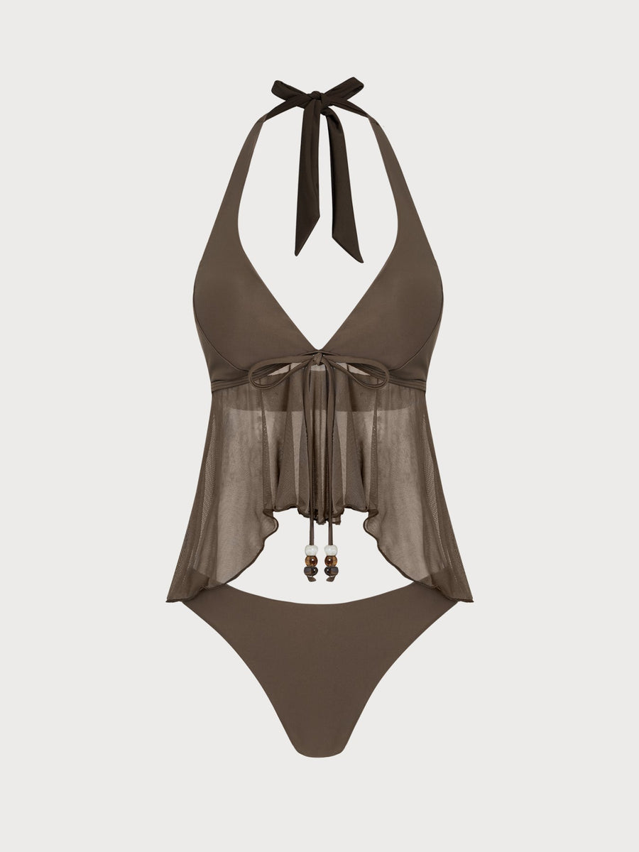 Dark Coffee Tie Front Beaded Tankini Set