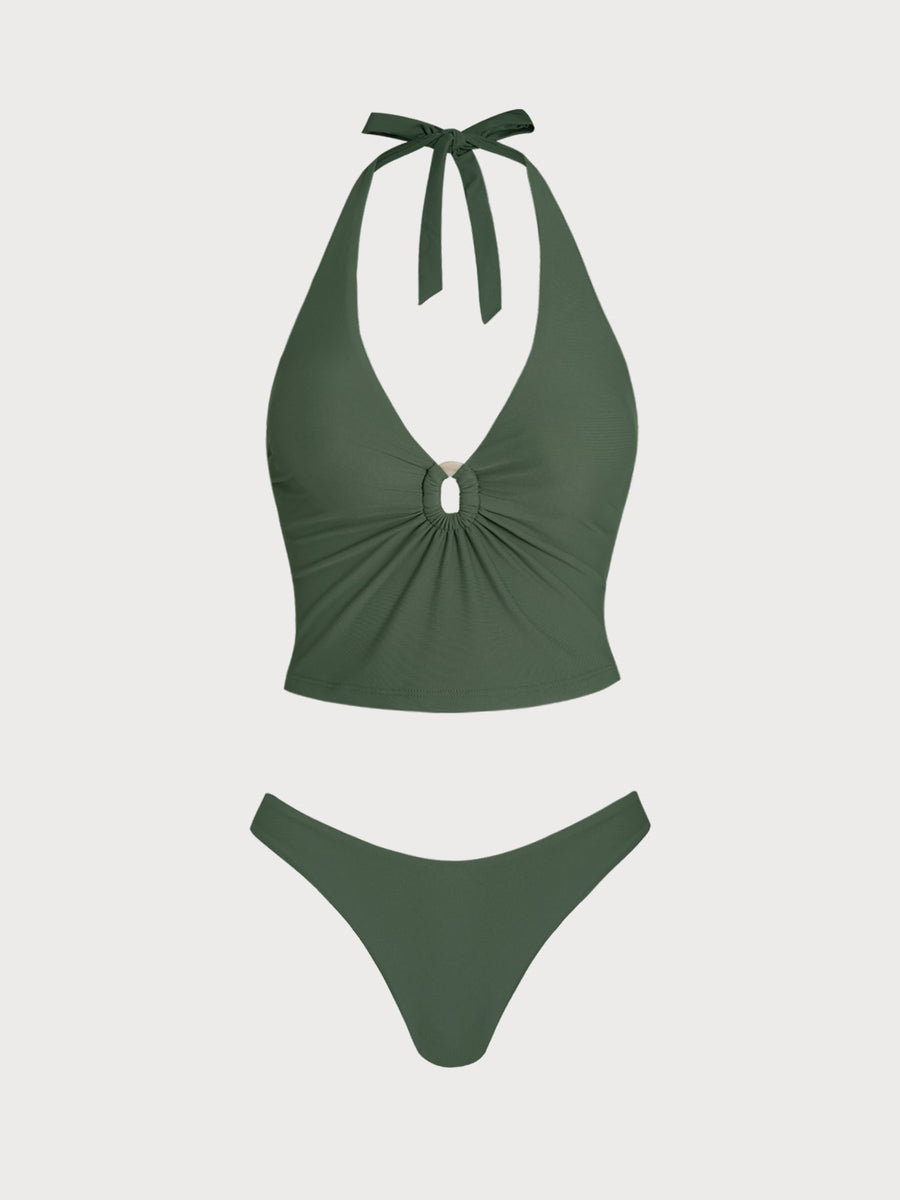 Green O-Ring Ruched Tankini Set