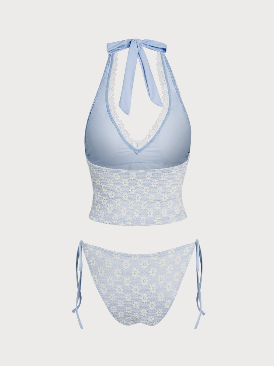 Light Blue Floral Plant Tankini Set