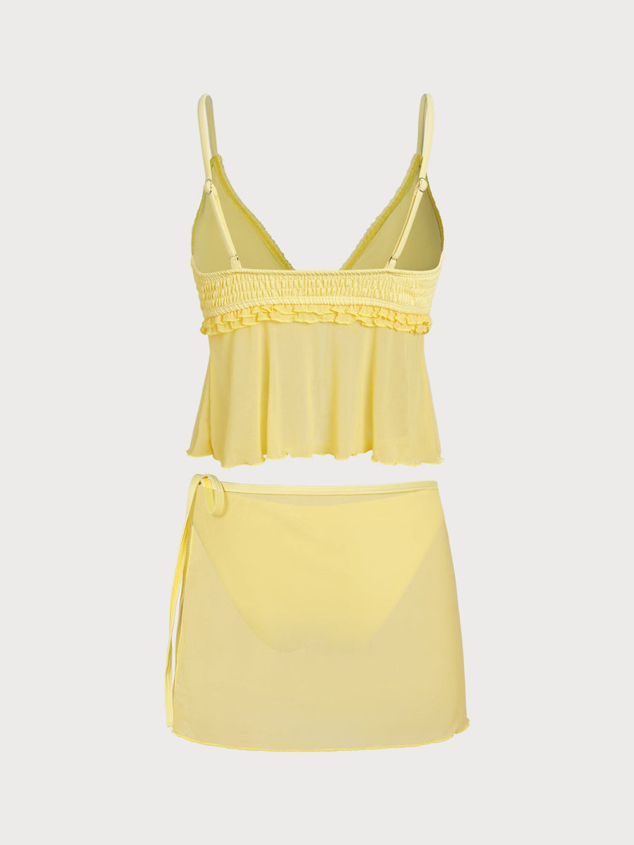 Yellow Ruffle Shirred Tankini Three-Piece Set