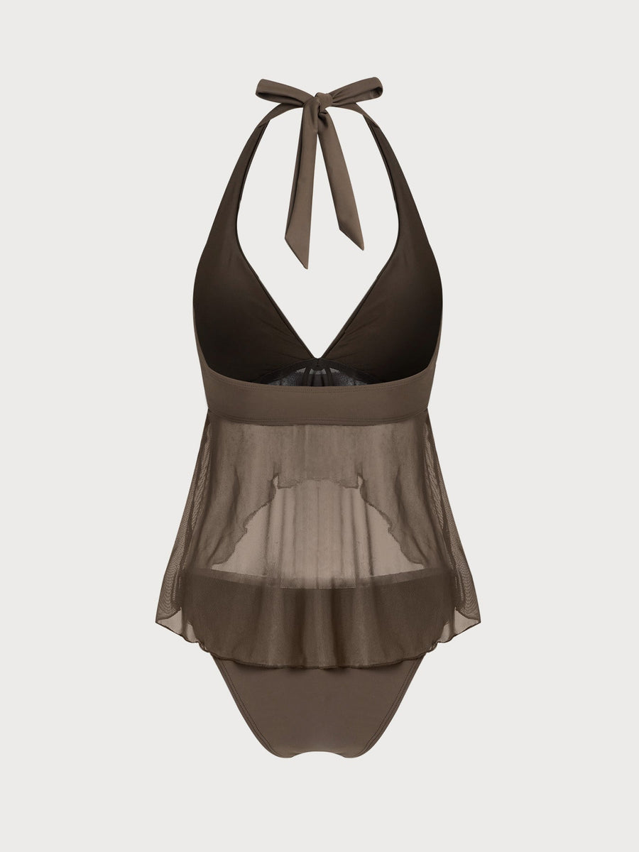 Dark Coffee Tie Front Beaded Tankini Set