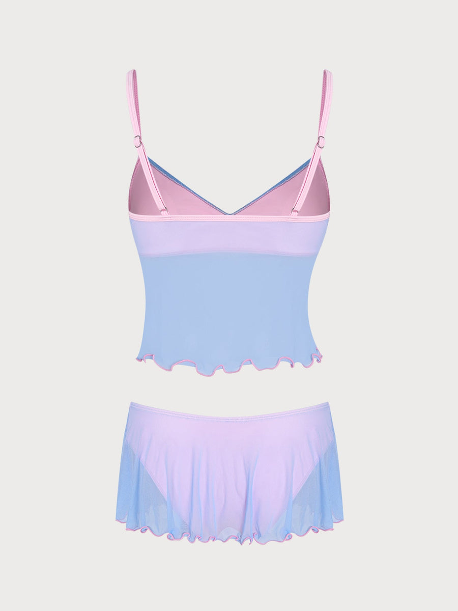 Light Blue Contrast Sheer Skirt Tankini Set