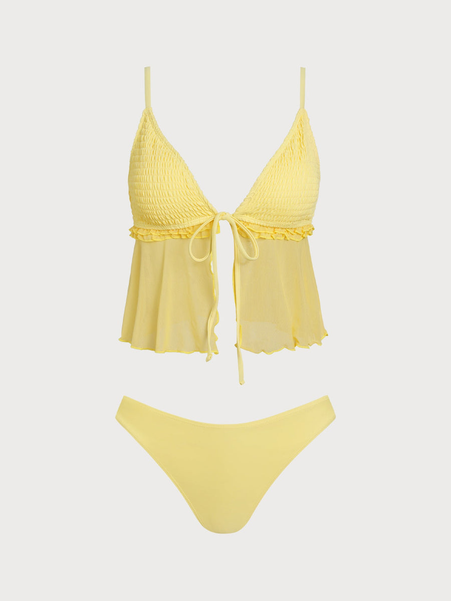 Yellow Ruffle Shirred Tankini Three-Piece Set