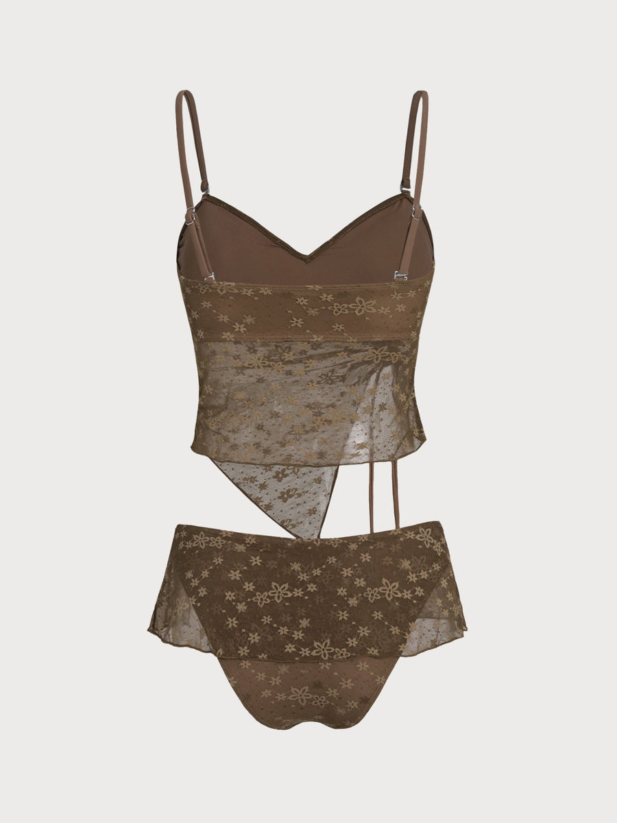 Coffee Flower Irregular Hem Tankini Set