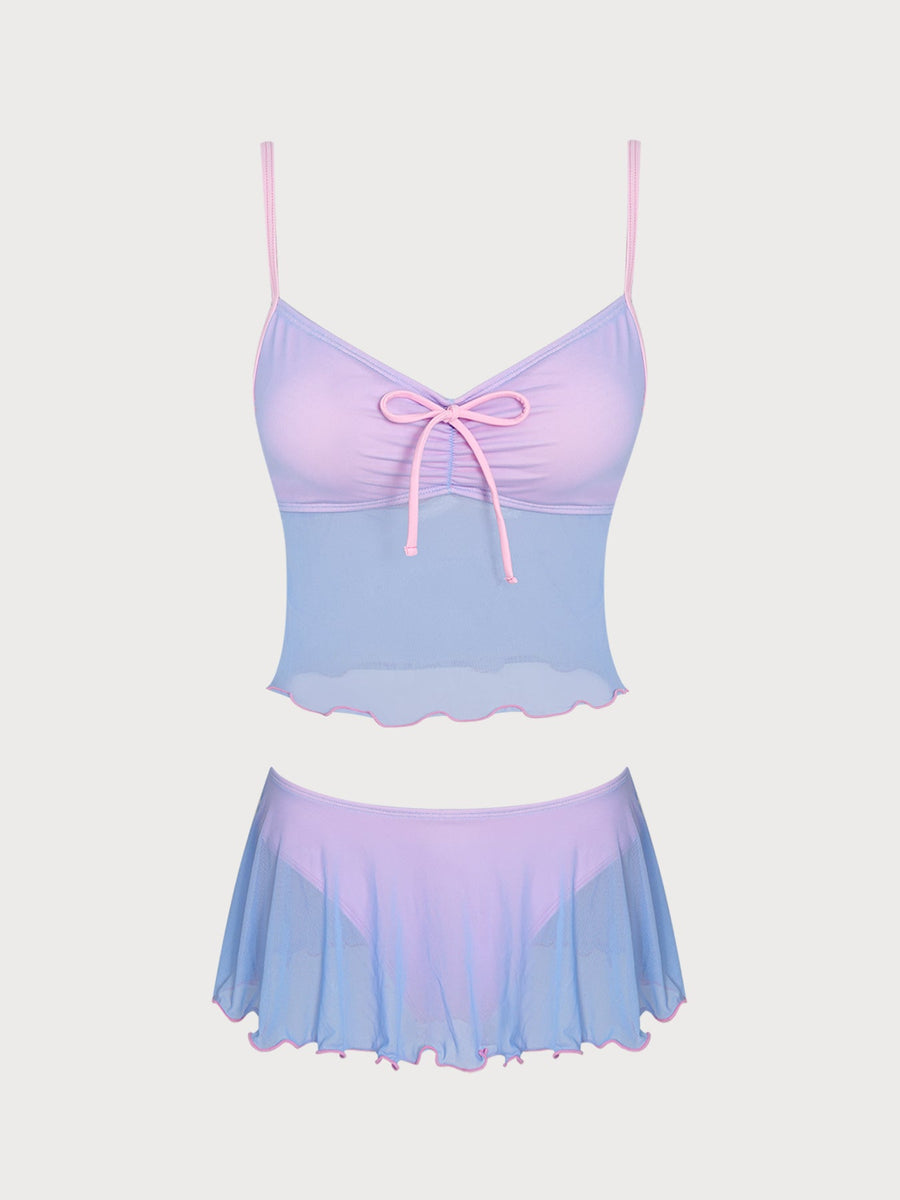 Light Blue Contrast Sheer Skirt Tankini Set