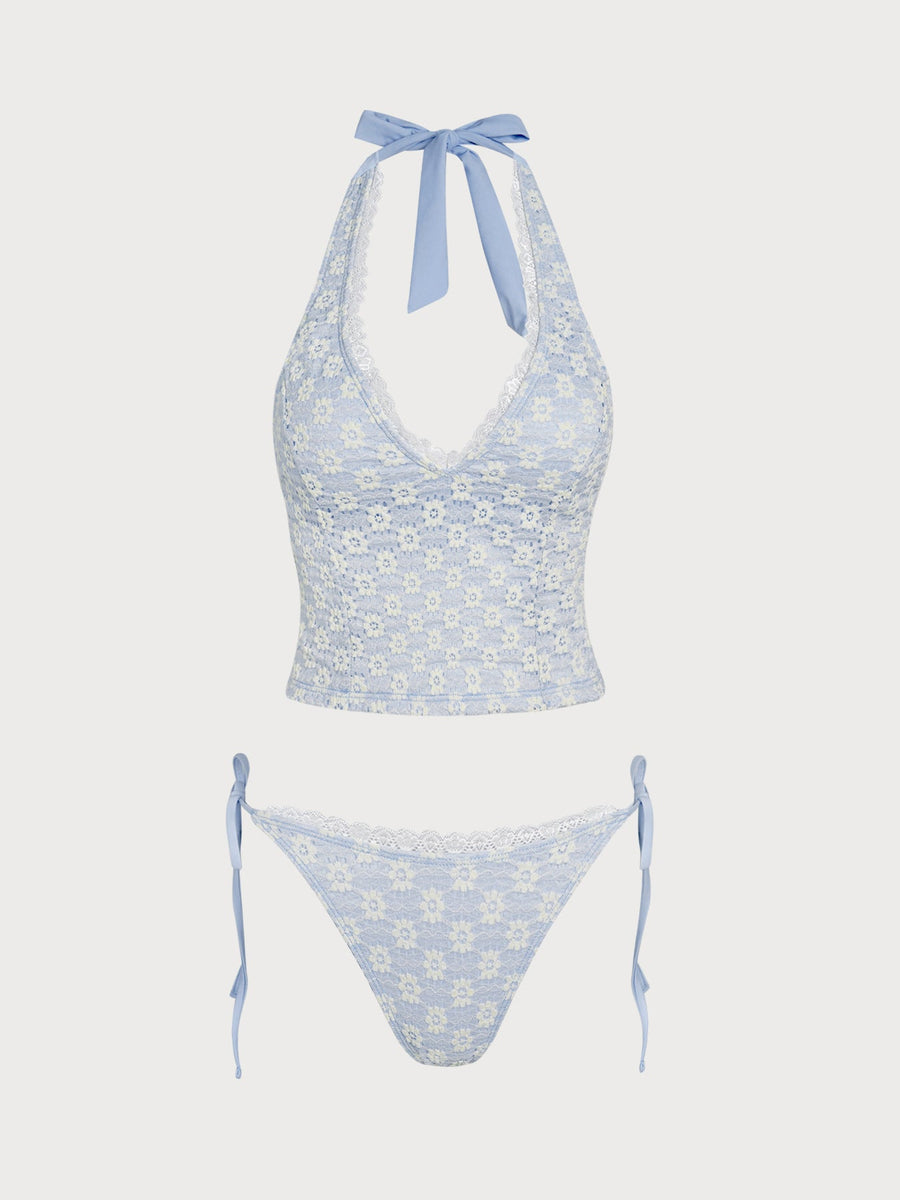 Light Blue Floral Plant Tankini Set